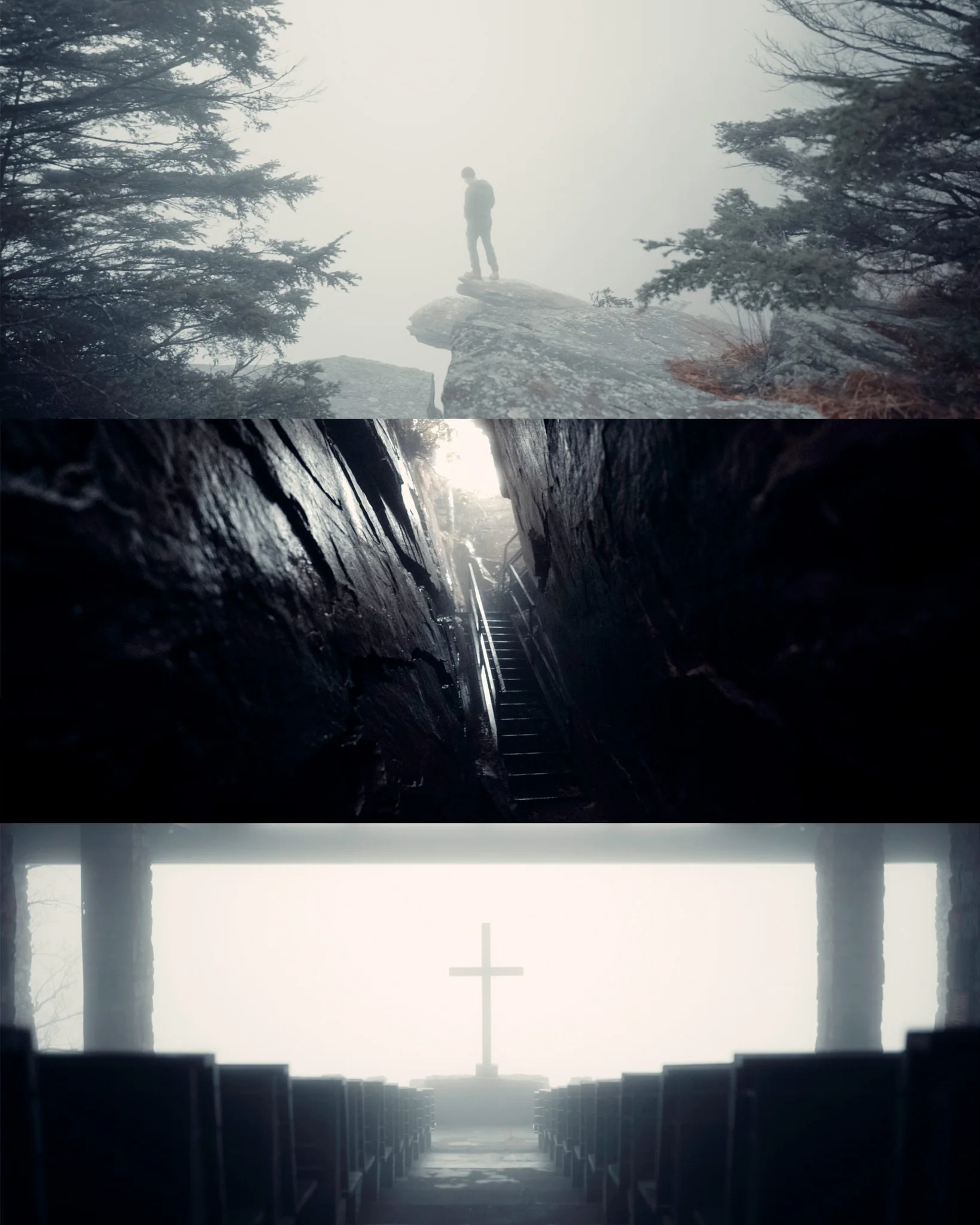 Atmospheric triptych of a foggy cliff, stone stairway, and church cross