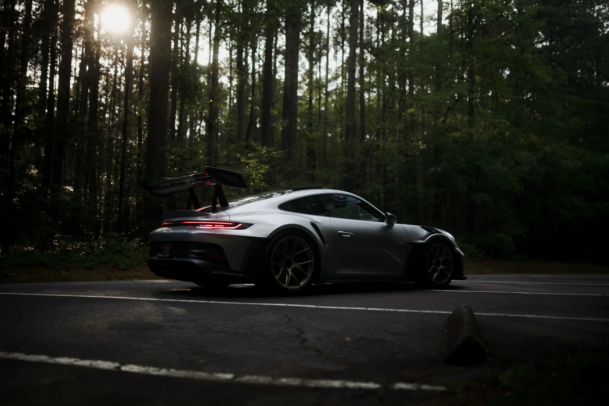 Silver Porsche photographed on a forest road